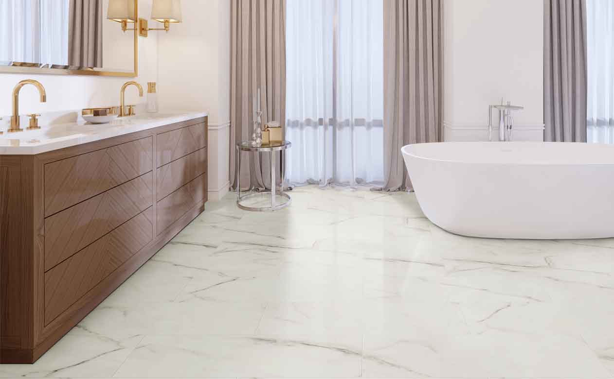 marble look luxury vinyl flooring in bathroom
